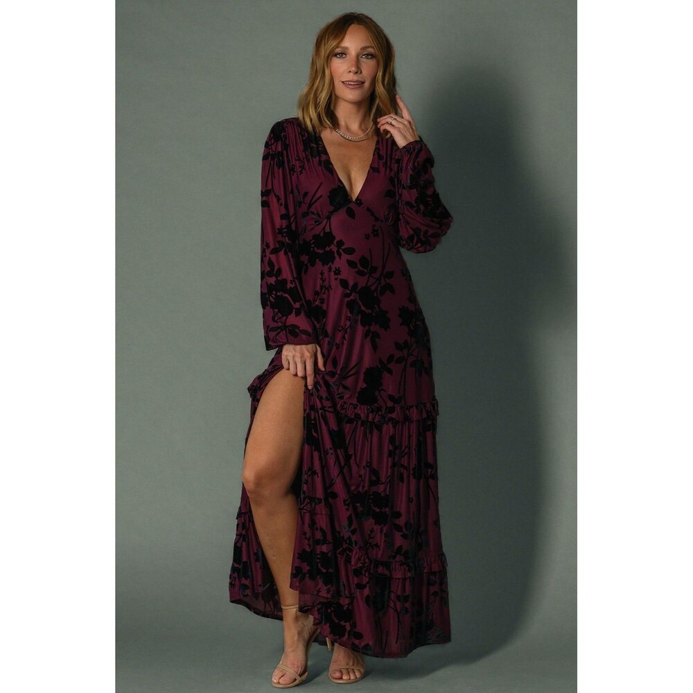 Baltic Born Liana Velvet Burnout Maxi Dress Plum L Large Boho Chic Gothic
